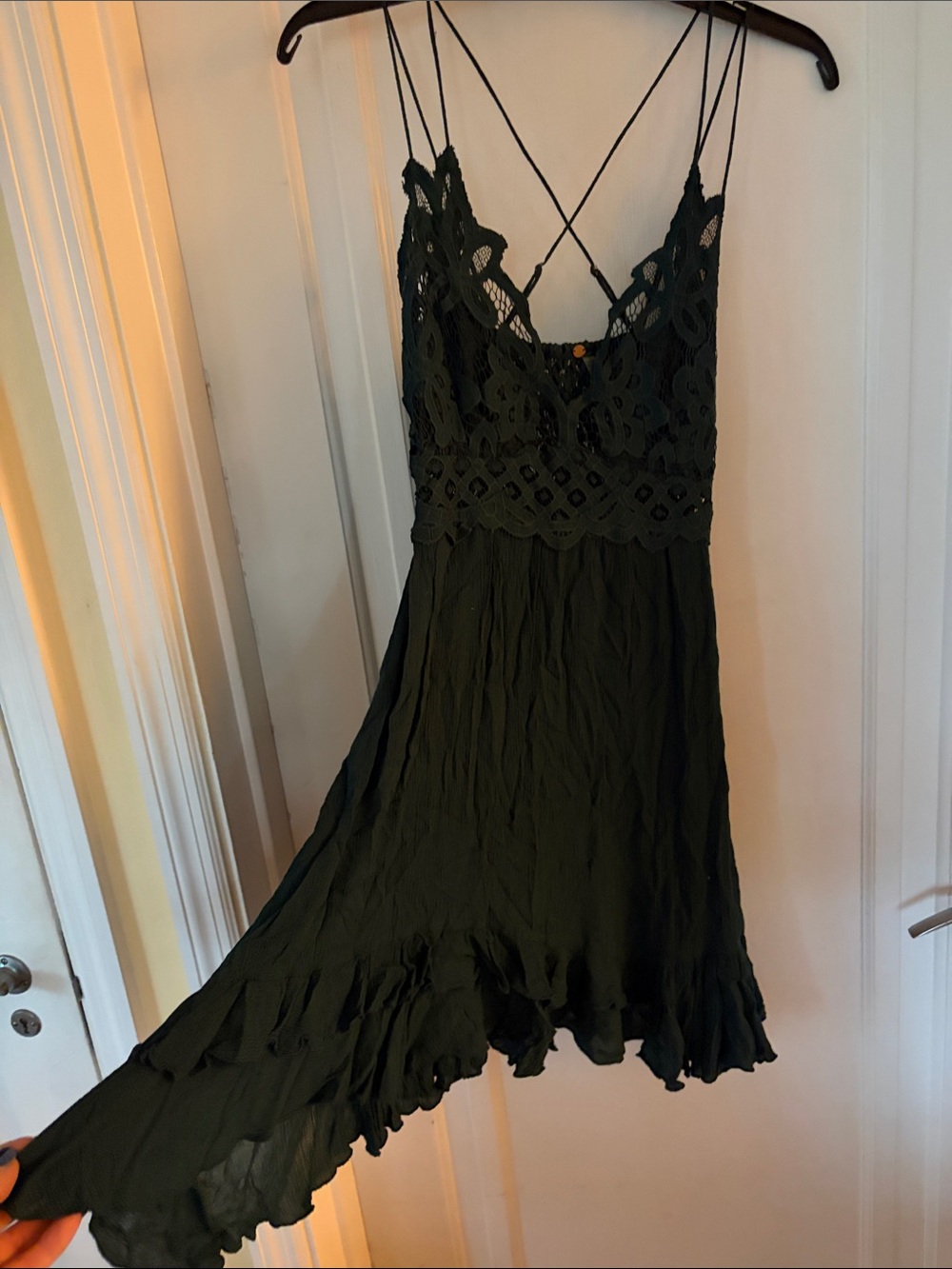 Like New Free People Dark Green Lace Asymmetrical Slip Dress